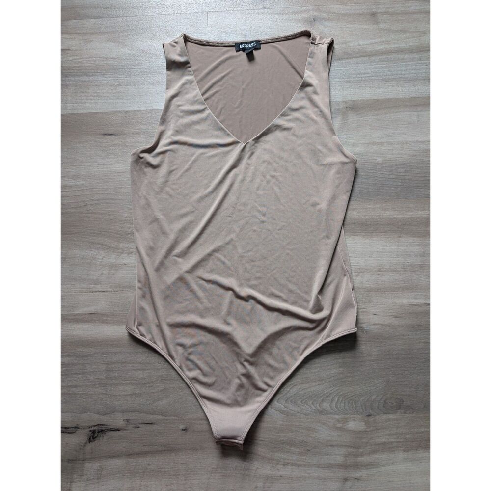 Express Body Contour Slimming V-Neck Sleeveless Bodysuit Tan Beige, Large (C2)